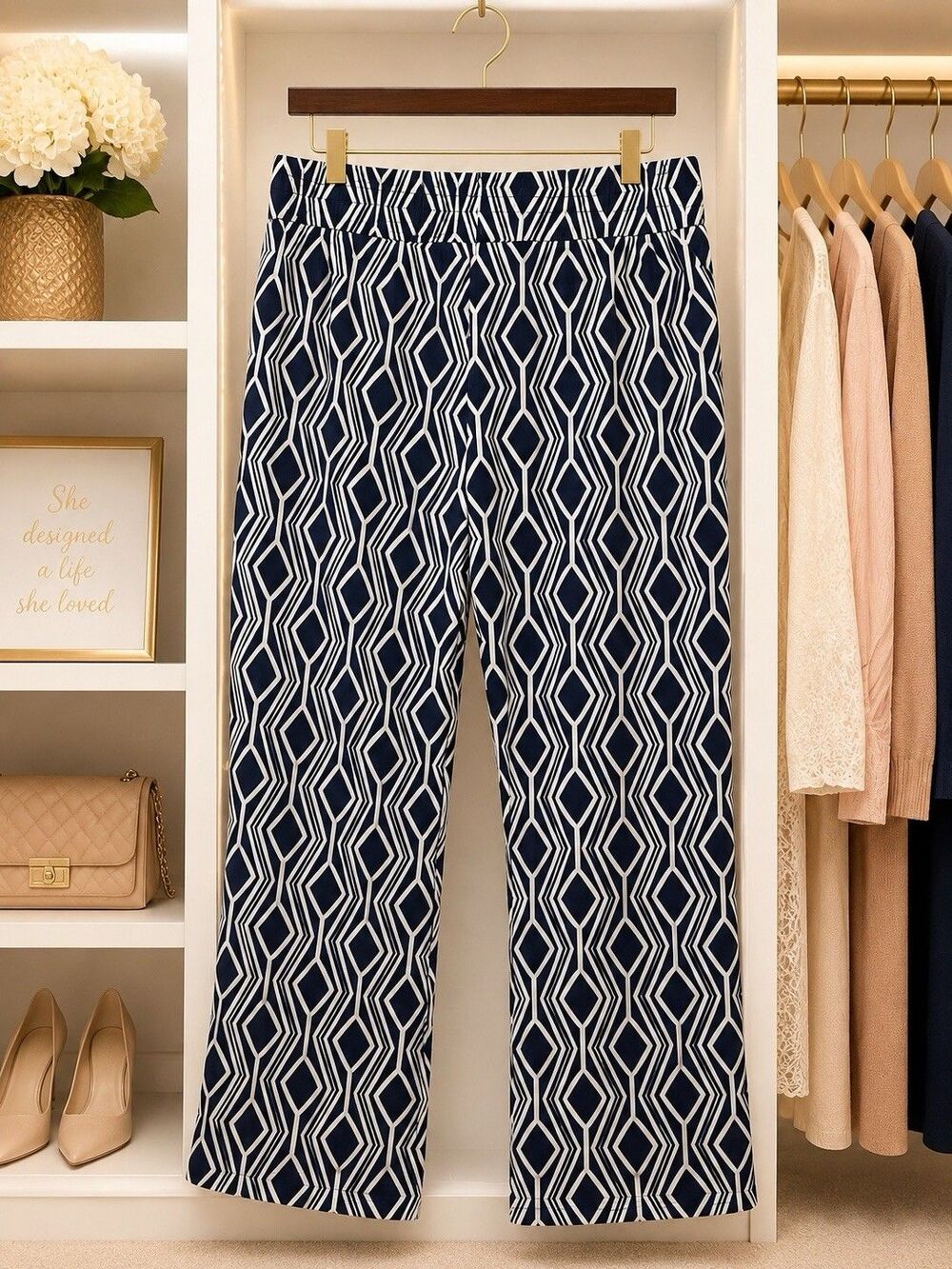 Catherines 2X Navy White Geometric Print Pull On Stretch Pants Plus Size Women’s